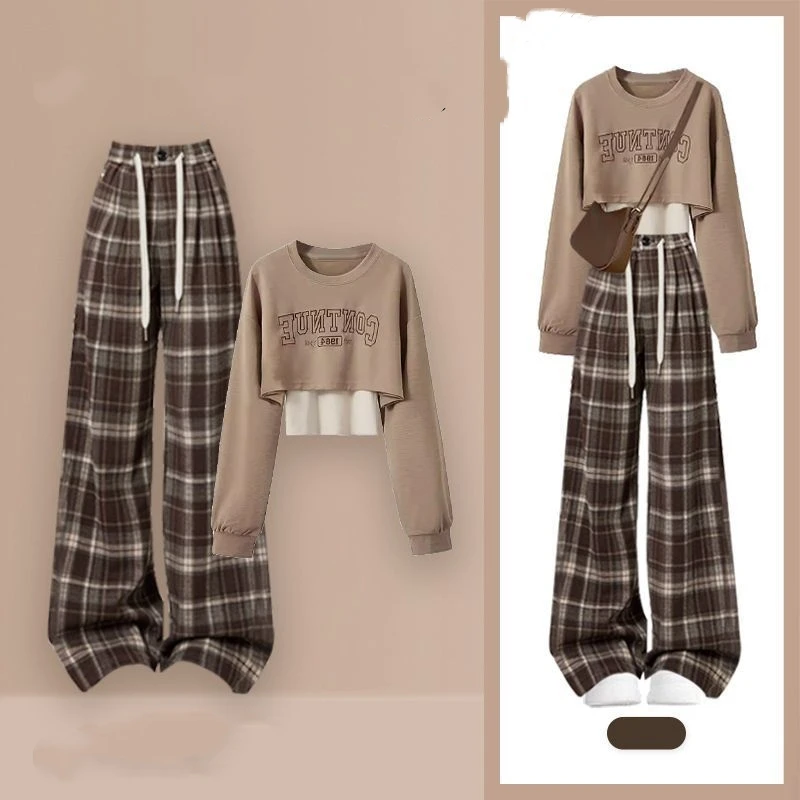 

Women's Spring Autumn Letter Short Sweatshirts Vest Plaid Pants Three Piece Set Lady Korean Fashion Casual Tops Trousers Outfits