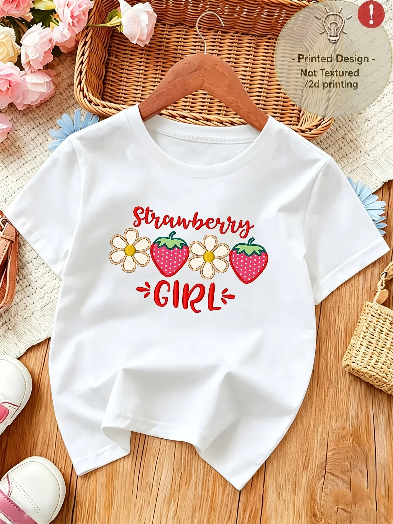 Kids Strawberry Girl Printed T Shirt Cartoon Strawberry White Daisy Graphic Short Sleeve Little Girls Holiday Wear Top