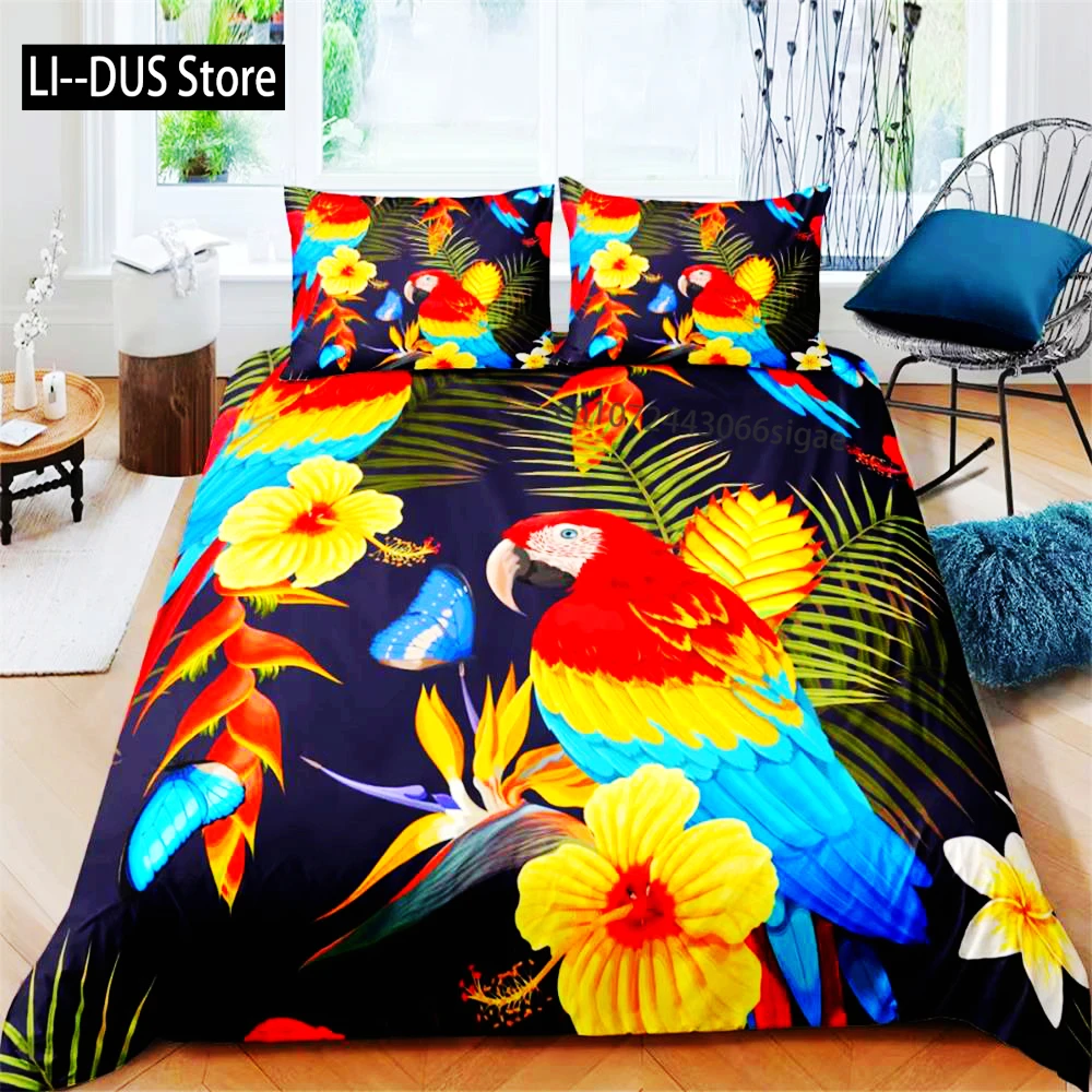 Parrot King Queen Bedding Set Cute Birds Colourful Feather Duvet Cover Tropical Flowers Comforter Cover Polyester Quilt Cover