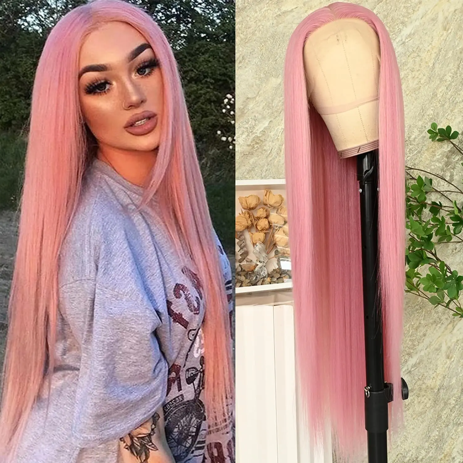 

Pink Lace Front Wigs Pre Plucked Ready to Wear Wigs Long Straight Wigs Glueless Dark Pink Wig Lace Frontal Wig for Black Women
