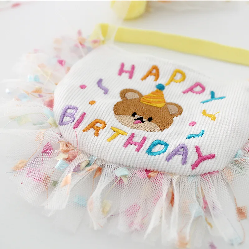 Korean Cute Puppy Dogs Bibs Collars Simple Pink Yellow Birthday Happy Tie With Cap Party Jewelry Accessories Pet Supplies Poodle