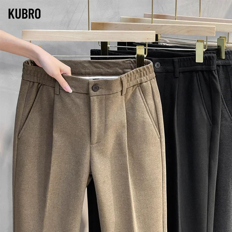 Autumn Winter Suit Pants Men Thick Business Elastic Waist Classic Grey Brown Woolen Straight Korean Formal Trousers Male 28-38