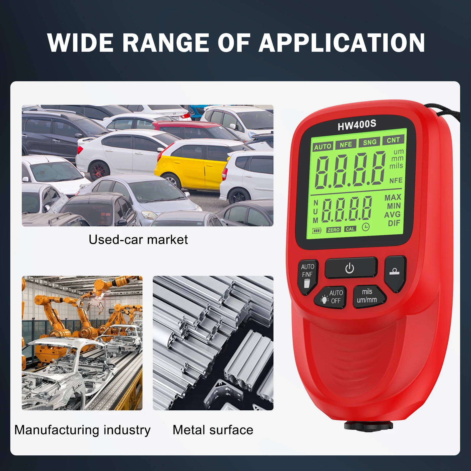 HW400S Car Paint Thickness Tester Auto Film Coating Thickness Gauge Paint Meter 0-2000μm Coating Test Accessories for Fe/NFE