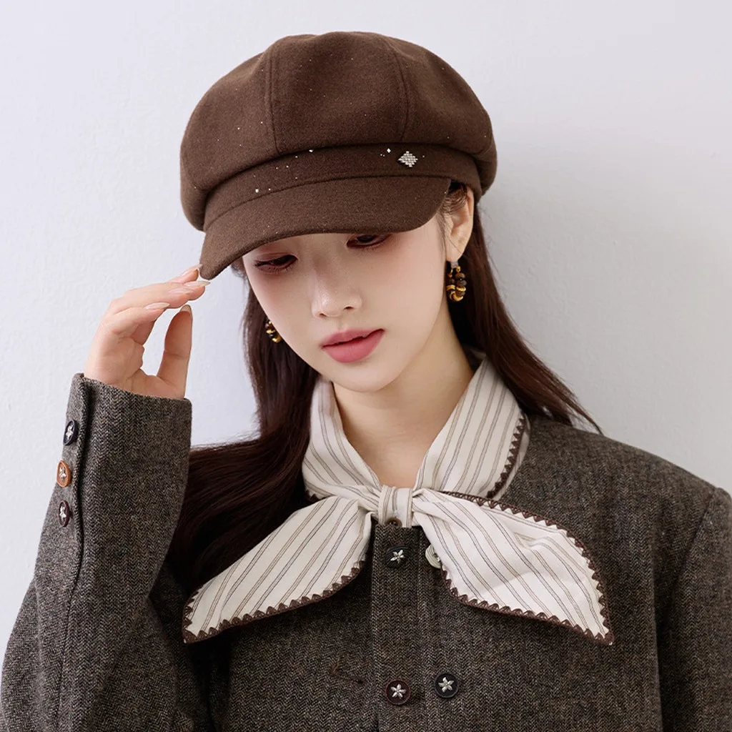 Curved Brim Cap Octagonal Round Top Cap Rhinestone Hat Wool Blend Octagonal Hat For Shopping Autumn Spring