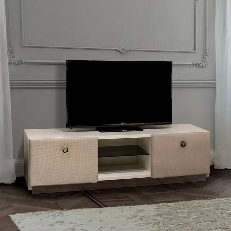 yt-Modern Luxury TV Cabinet with Four-door Storage, High-Quality Wood Brushed Metal Accents Living Room Entertainment Unit-