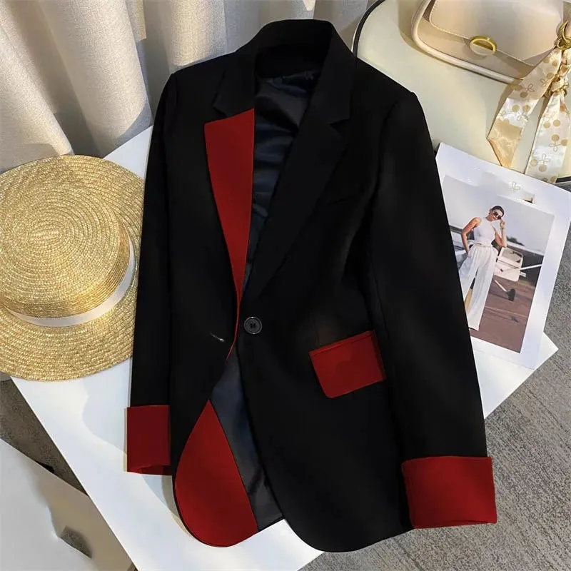

Autumn Women Fashion Patchwork Tops Coat Retro Lady Leisure Long Sleeves Suit Outwear 2025 Female Contrast Color Blazer Jacket