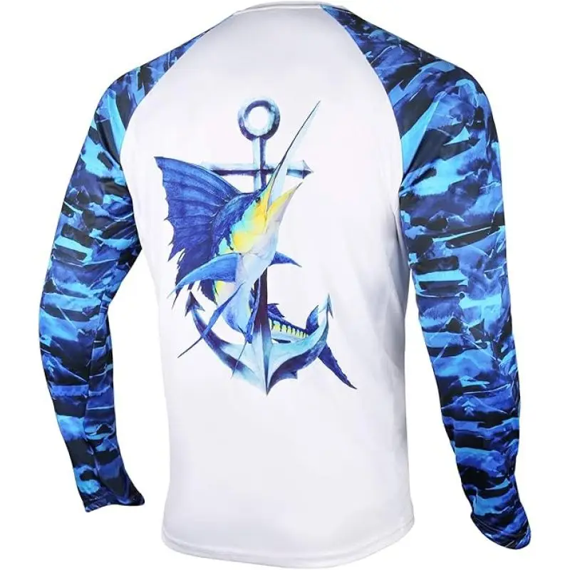 Men's Fishing Hoodie with Tuna Splicing 3D Printed Fishing Sunscreen Clothing Fishing Top Round Neck Long Sleeve T-shirt