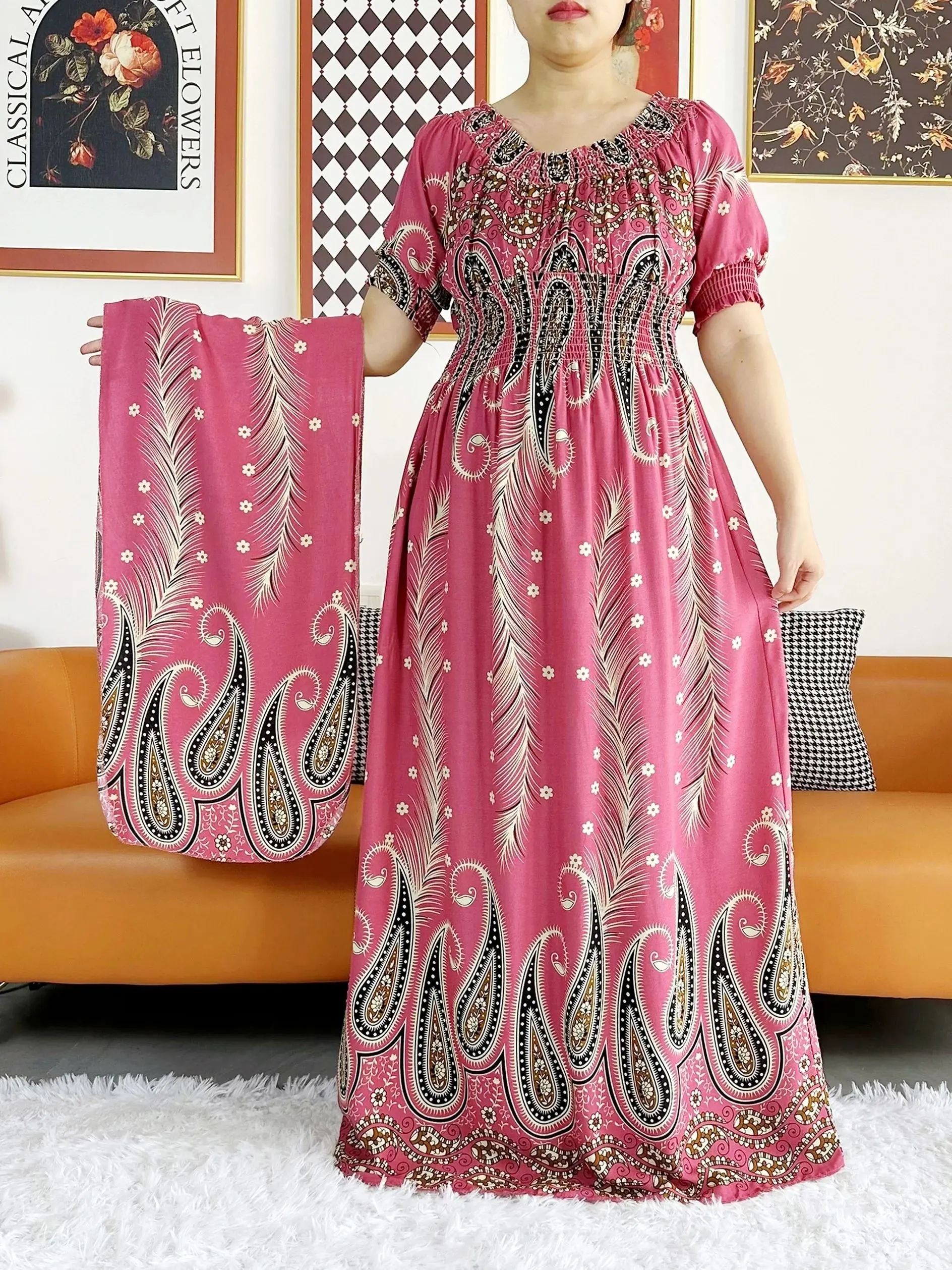 2024 New Muslim Abaya Summer Short Sleeve Long Dress Collect Waist Floral Boubou Maxi Islam Women Dress African Abaya Clothing