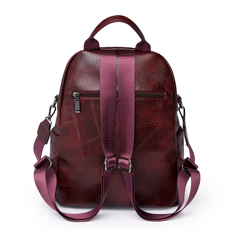 Burgundy PU Leather Backpacks For Women Solid Vintage Small Satchels For Girl Fashion Cute Small Book Bags Shoulder Packages