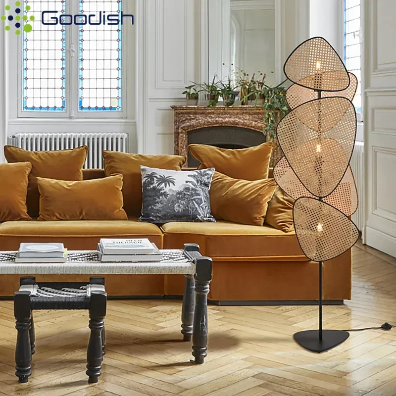 

Modern LED Floor Lamp Leaf Grid Hand Made Rattan Art Standing Pendant Light for Living Dining Bedside Chandelier Home Decoration