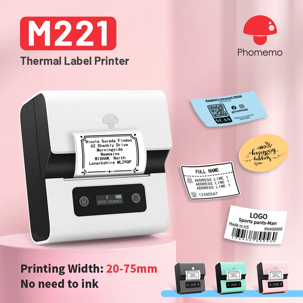 Phomemo M221 Label Maker 75mm Thermal Label Printer for Barcode Address Labeling Mailing File Folder Labels