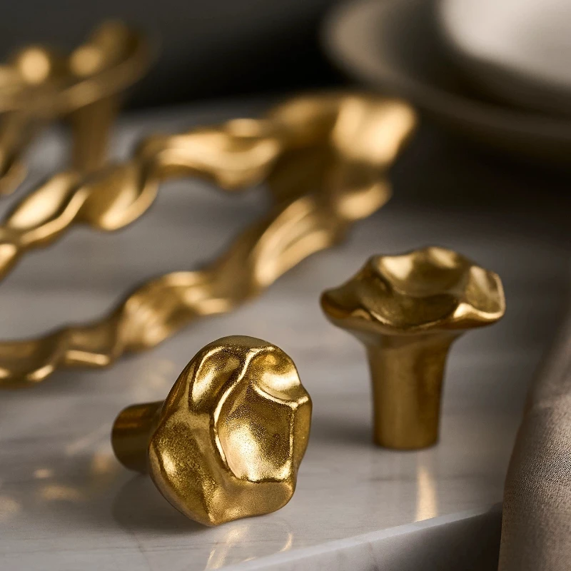 Gold Irregular Twisted Wave Kitchen Cabinet Handles Pulls /Textured Brass Drawer Knobs Wardrobe Cupboard Door Furniture Hardware