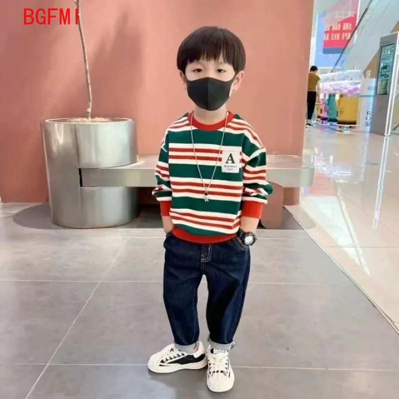 

Teens Boys Cotton Sweater + Jeans Outfits Set Spring Autumn 2024 New Rainbow Stripe Autumn Clothes Cool Handsome Two Piece Set