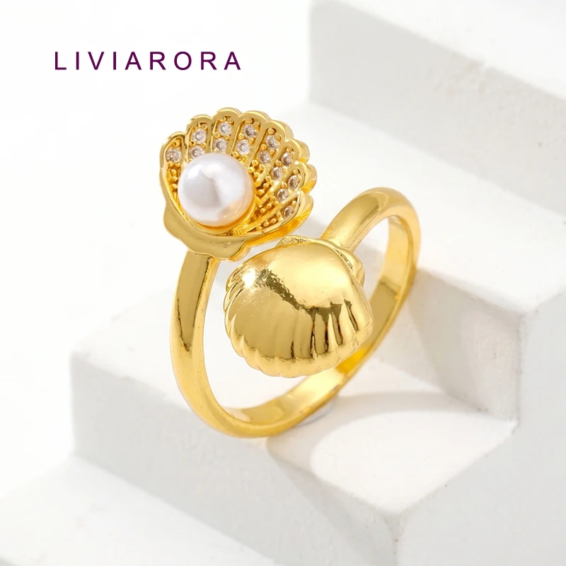 1/2/4Pcs 18K Gold Plated Brass Zircon Shell With Pearl Finger Rings,Ocean Theme Adjustable Ring,For Jewelry Making Accessories