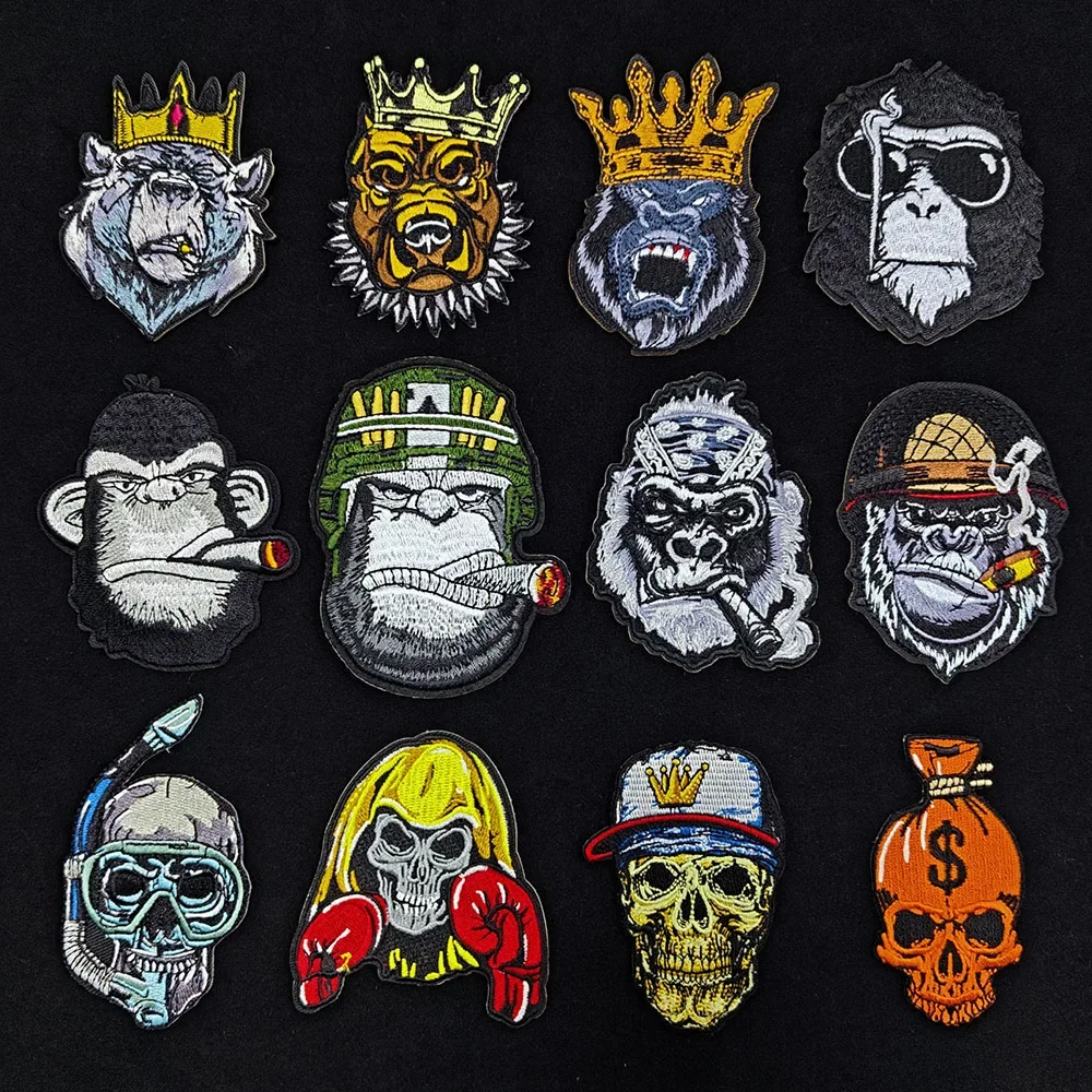 Punk Rock Embroidery Patch Gorilla Bear Skull Badge Ironing Stickers for Clothes Fusible Iron on Patches Jacket Jean Accessories