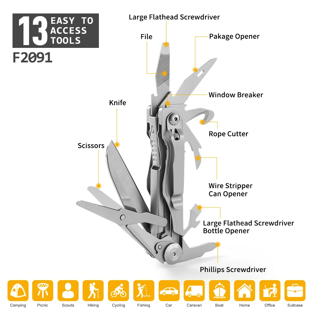 Multifunctional knife Outdoor tools Folding knife Pocket knife Camping equipment, scissors, bottle opener, window breaker