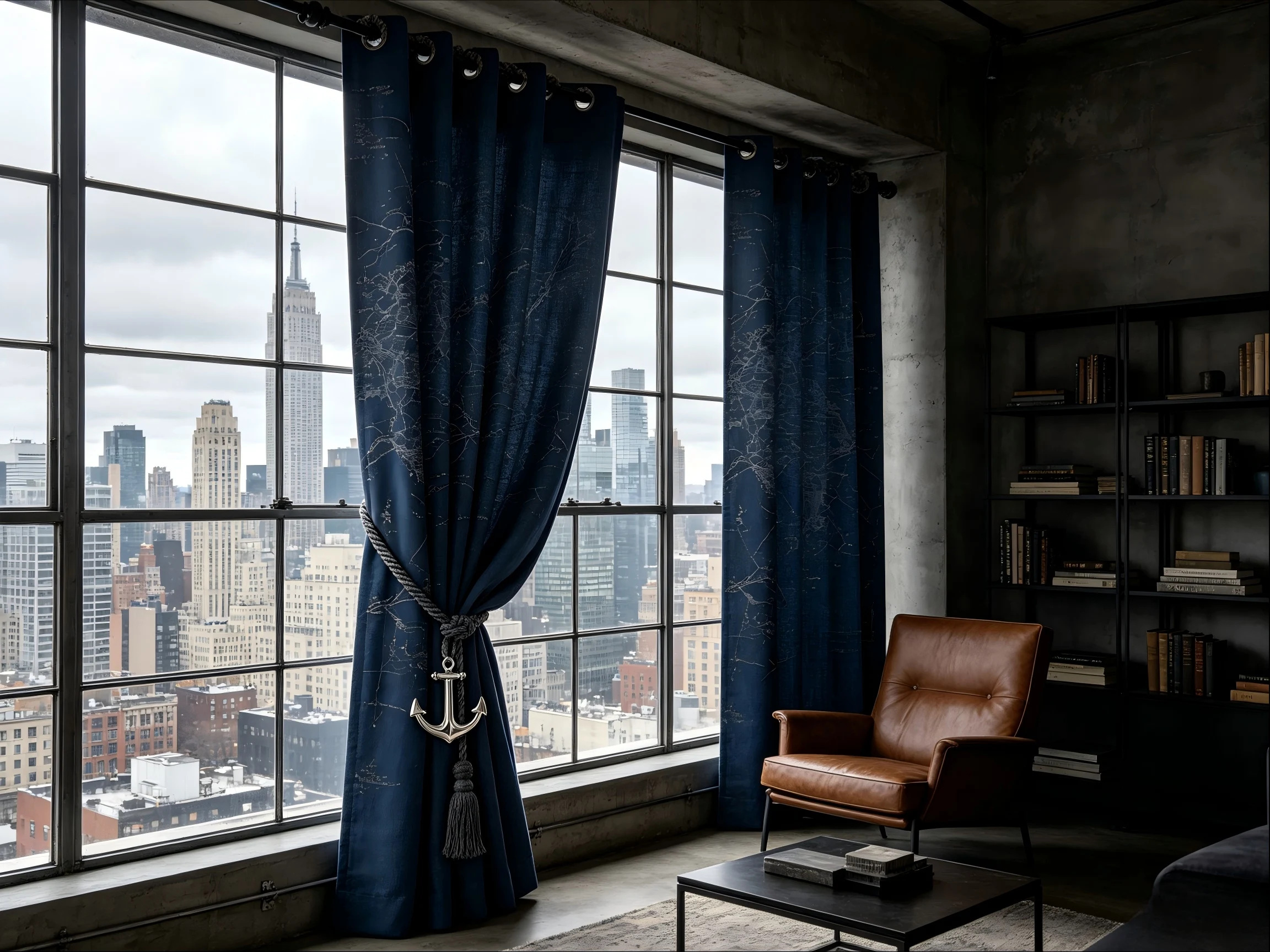 200394   Industrial style penthouse: indigo canvas+nautical map print+metal anchor pendant curtains