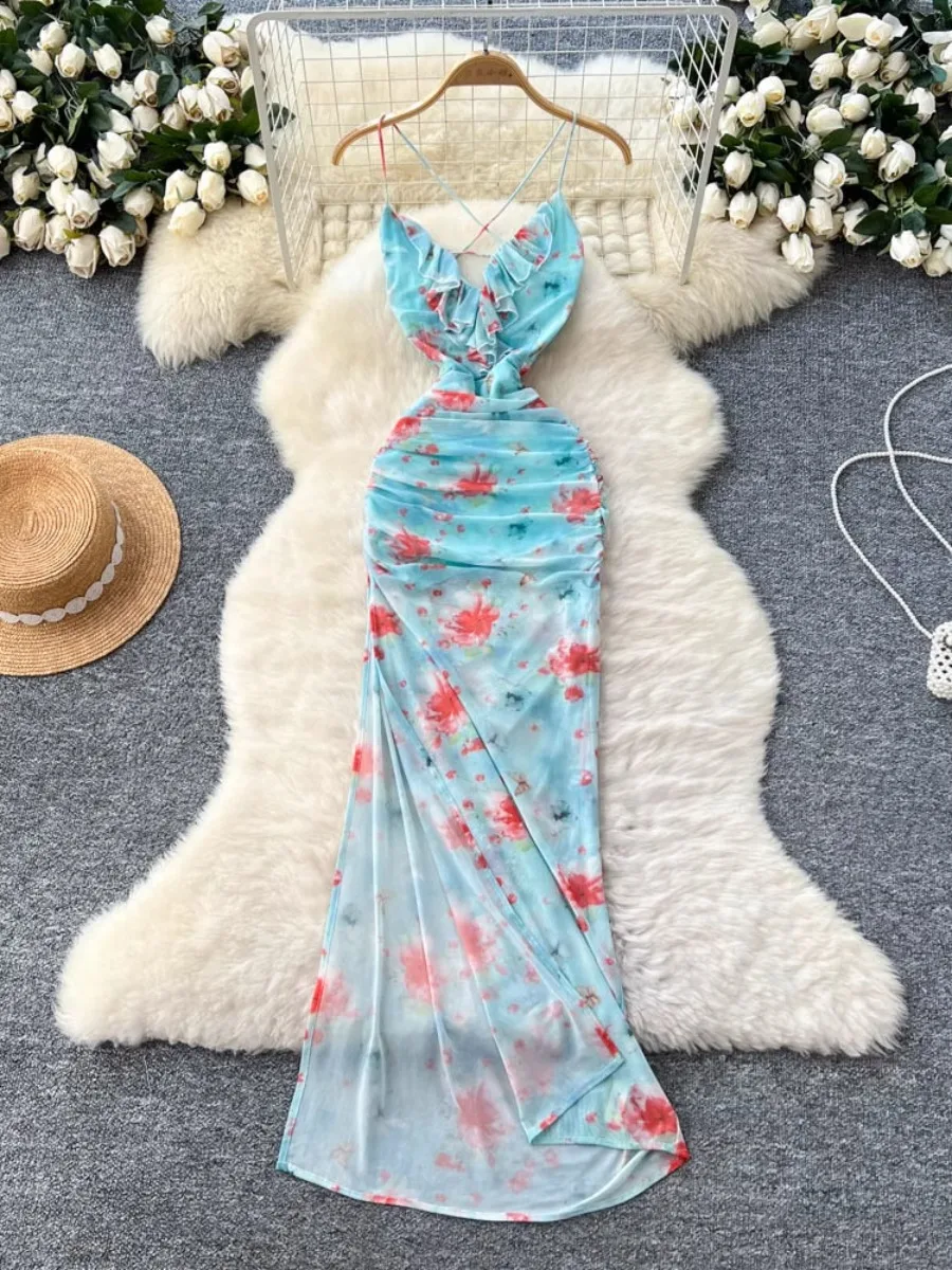 Foamlina 꽃 메쉬 v 넥 프릴 홀터 드레스 여성 여름 프랑스 휴가 Boho 스플 라이스 허리 미디 드레스 해변 해변