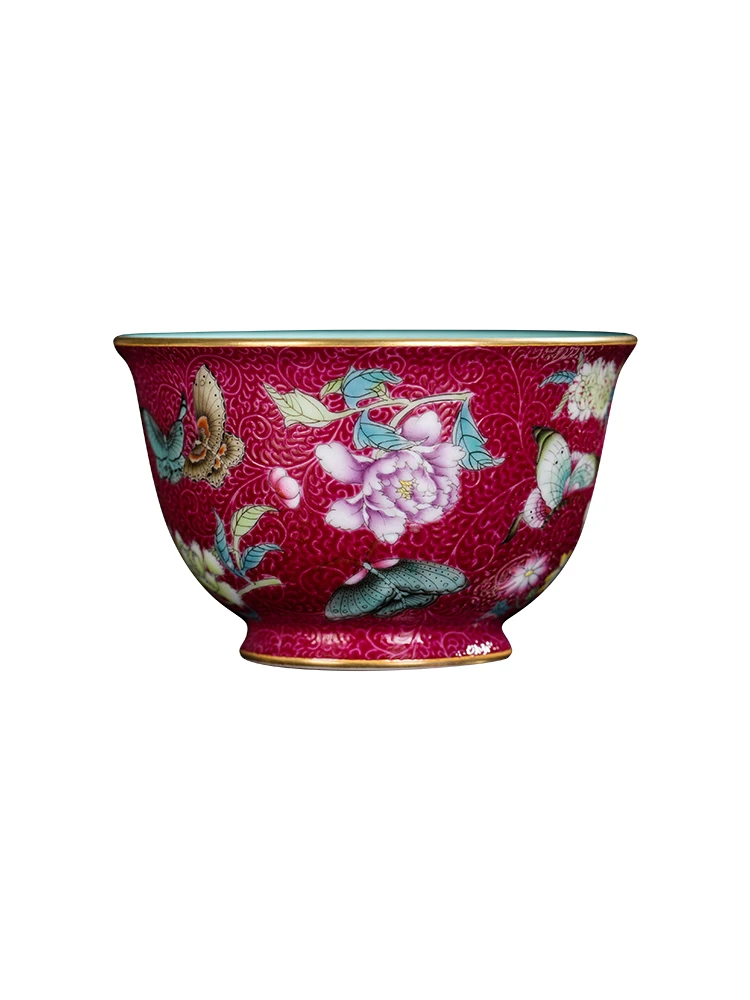 Zhongjia Kiln HigH-end Master Jingdezhen Handmade Pink Rouge Red Braised Flower Tie Dao Pressure Hand Kung Fu Tea Cup