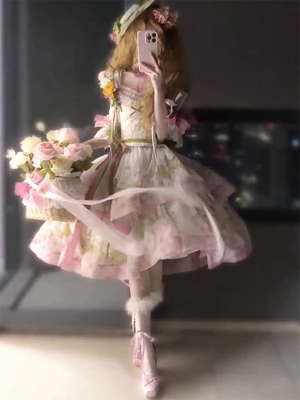 

Elegant Pink Green Lolita Country Style Dress Set Skirt And Blouse Spring Summer Sweet Dress Formal And Magnificent