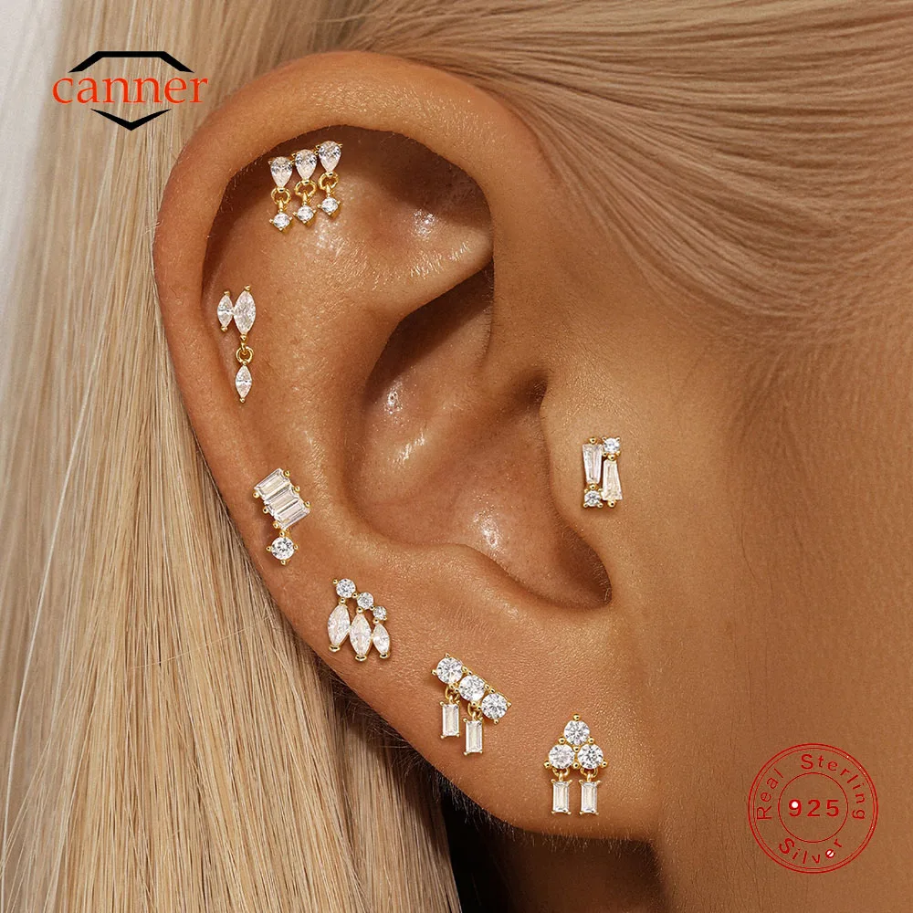 CANNER 1PC Horse Eye Geometric Zircon Flat Head Threaded Puncture 925 Sterling Silver Earring For Women Ins Flower Crown Earring