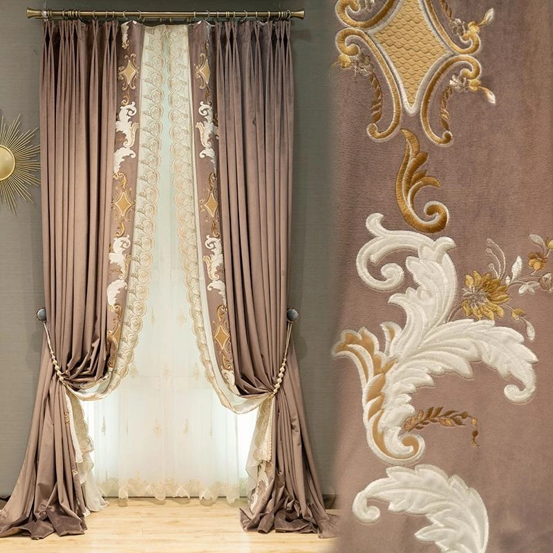 Custom High class French light luxury thick velvet purple bedroom villa embroidery  cloth blackout curtain tulle drape C2144