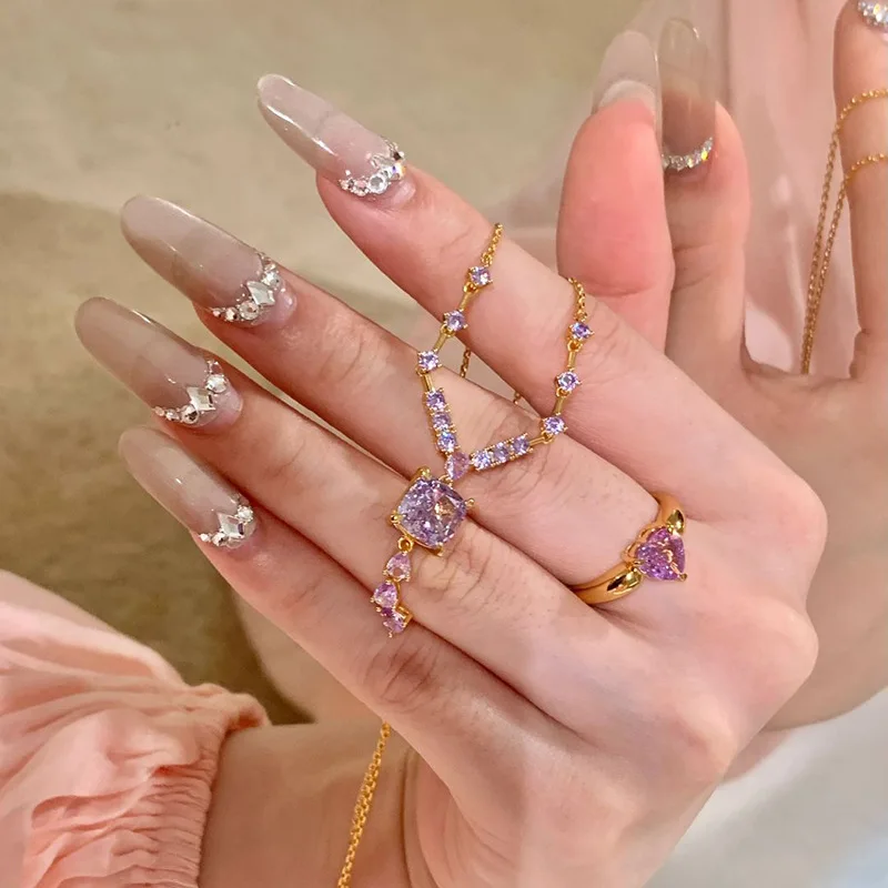 

Elegant and fashion amethyst necklace rings for women sparkling Light luxury square tassel wedding purple crystals jewelry sets