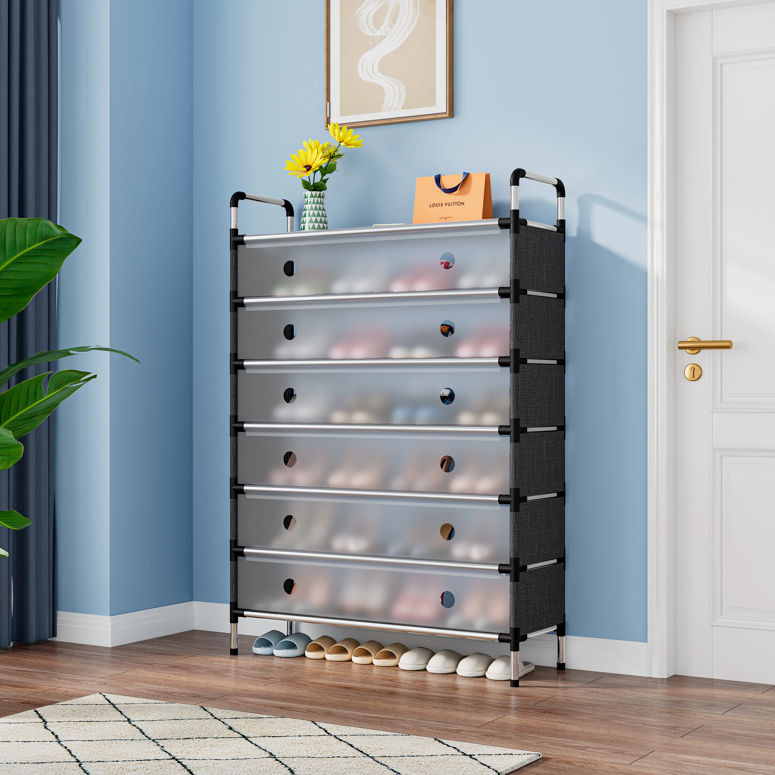 

Modern 7 Layer Metal Plastic With Dustproof Cover Shoe Rack for Home Living Room