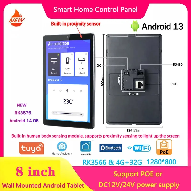 2025 New 8 Inch POE Screen Wall Mount Tablet Home Control Panel Android 13/14 OS with Camera RS485 Proximity Sensor