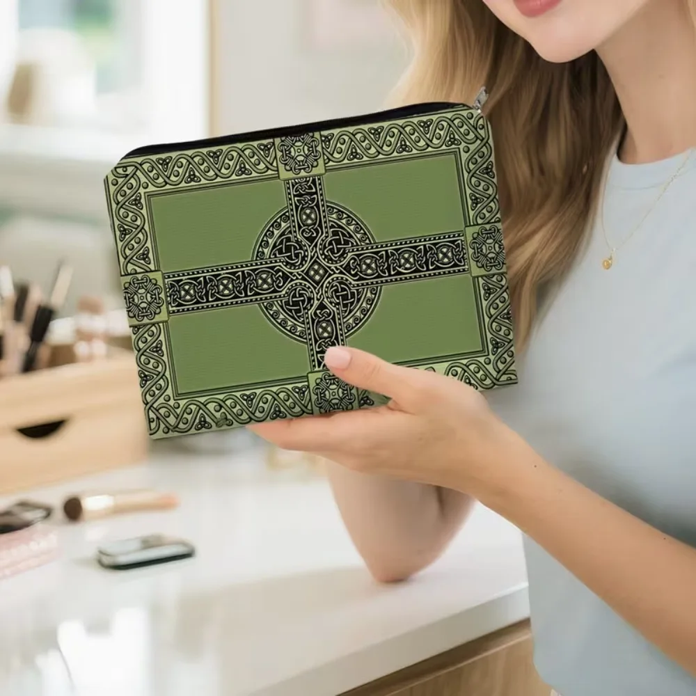 Celtic Cross Knot Canvas Zipper Pouch Irish Vintage Print Makeup Bag Travel Cosmetic Storage Case Gift for Celtic Lovers