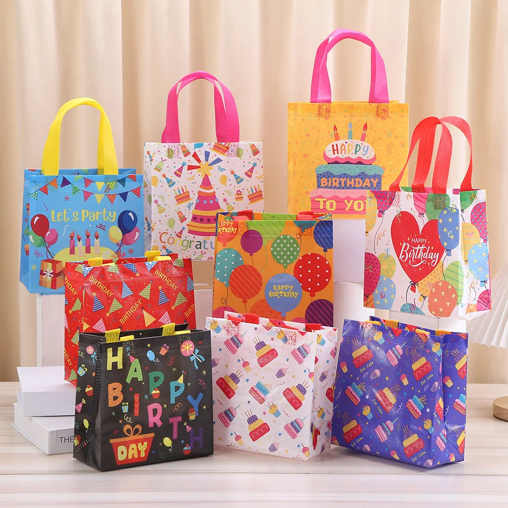 9/10Pc Cute Happy Birthday Theme Gift Packing Bag Balloon Cake Pattern Non Woven Shopping Tote Bag for Kids Birthday Party Decor