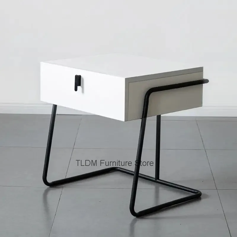 Minimalist Single Drawer Nightstand Matte Floating U-Bent Metal Frame Side Table Space Saving Industrial Bedside End Table