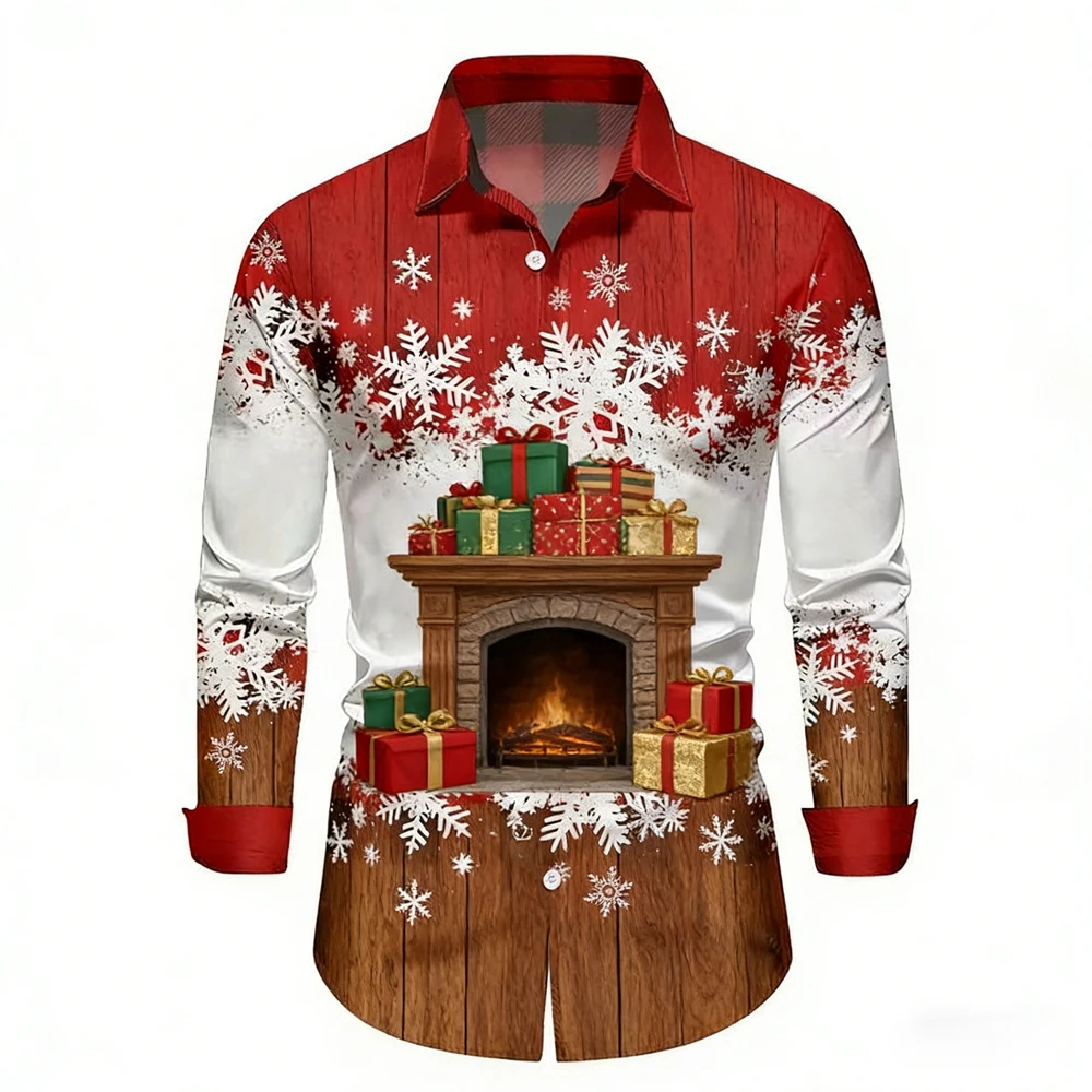

Men's New Linen Christmas Warm Fireplace Gift 3D Printed White Shirt Hawaiian Casual Home Party Short-sleeved T-shirt Men for Yo
