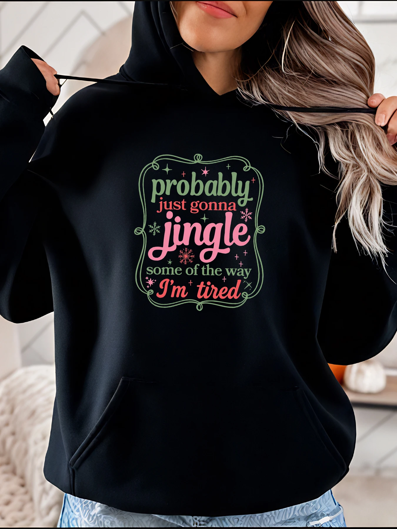

Christmas Jingle Print Hoodie Casual Winter Sweatshirt with Snowflake Design Women Cozy Holiday Wear