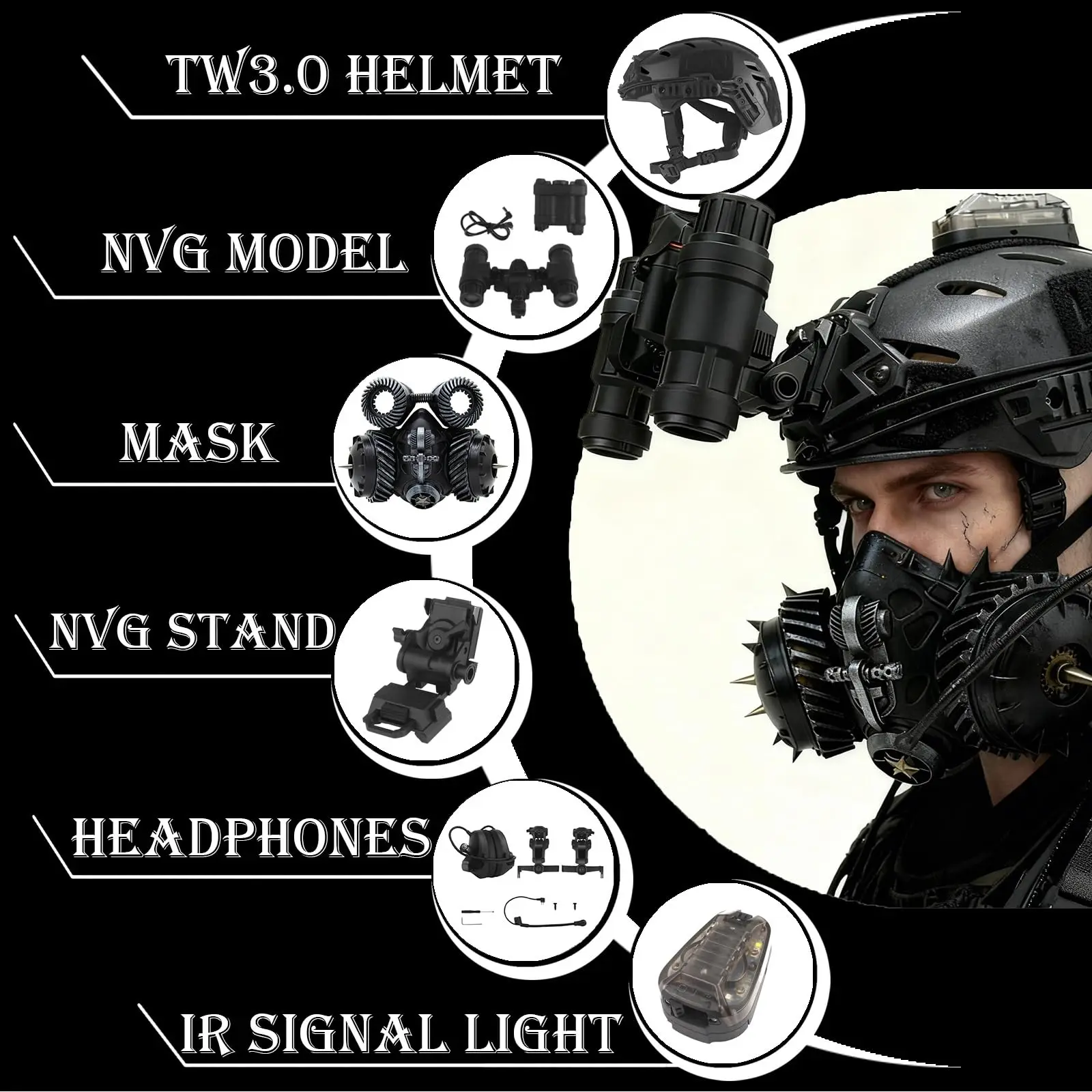 Tactical Bump Helmet Set Cyberpunk Airsoft Helmet Kit with Gothic Mask NVG Model Earphone Signal Light for CS Paintball Cosplay