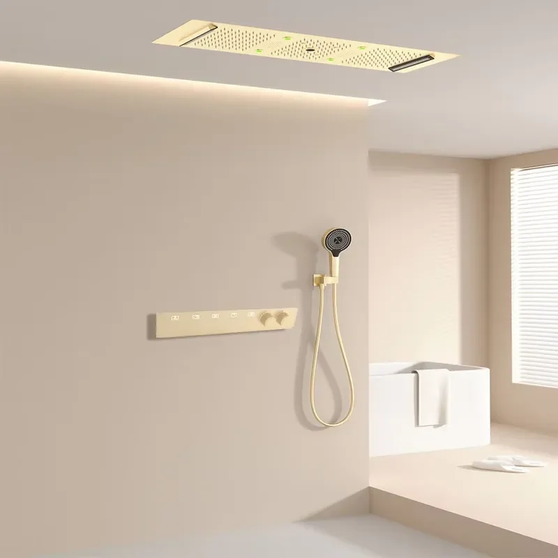 Luxury Wall Mount Rainfall Shower Set Smart Temperature Control Concealed Bathroom Faucet Kit Modern Black Gold Spa System