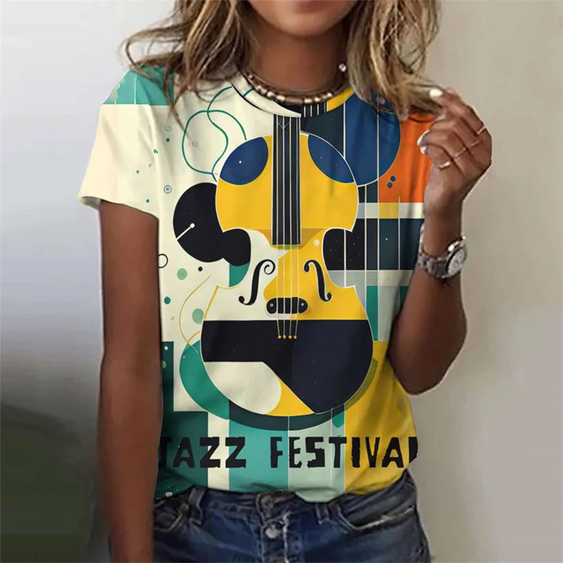 T-shirt de violon de musique imprimé en 3D pour femmes, t-shirts à motifs de peinture colorée, t-shirts d'été décontractés, manches courtes, col rond, t-shirts Y-adt