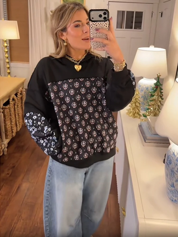 Vintage Gesteppter Blumen-Patchwork-Hoodie mit Langen Ärmeln, Kontrastfarbenem Kapuzenpullover, Boho Lässiger Lockerer Pullover mit Tasche – Detail 6