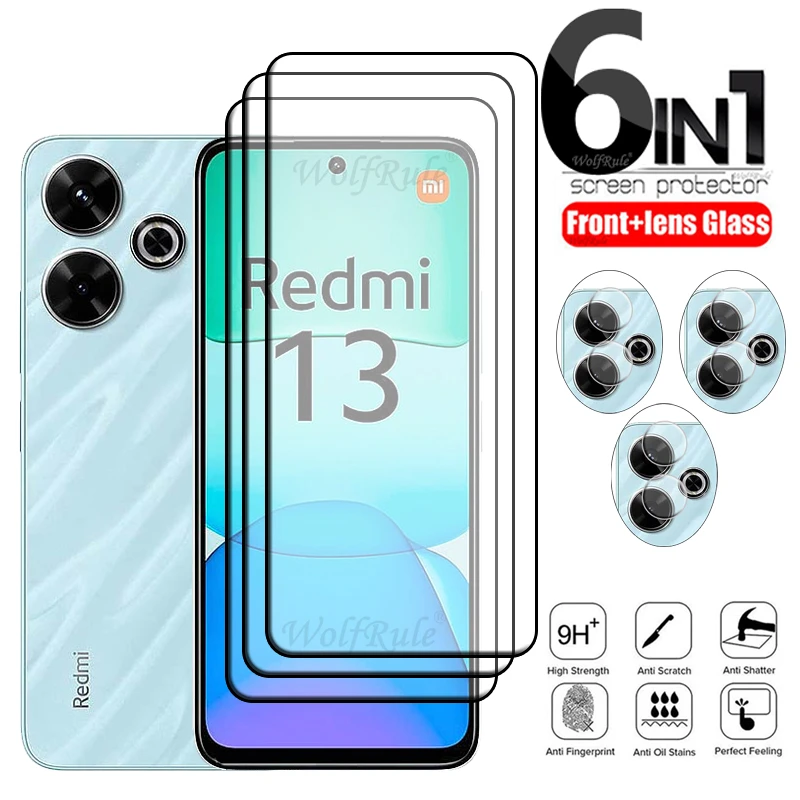 Pelindung layar Xiaomi Redmi 13, 6-in-1 untuk Xiaomi Redmi 13 kaca Tempered 9H HD kaca lensa untuk Redmi 13 Redmi13