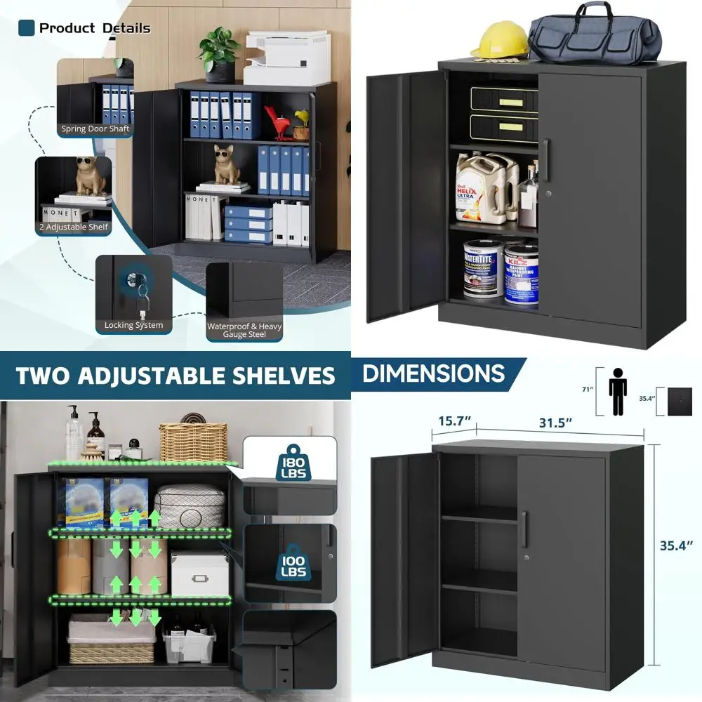 

2-Door Lockable Metal Storage Cabinet with 2 Shelves, Ideal for Home, Office, Garage, Utility, and School