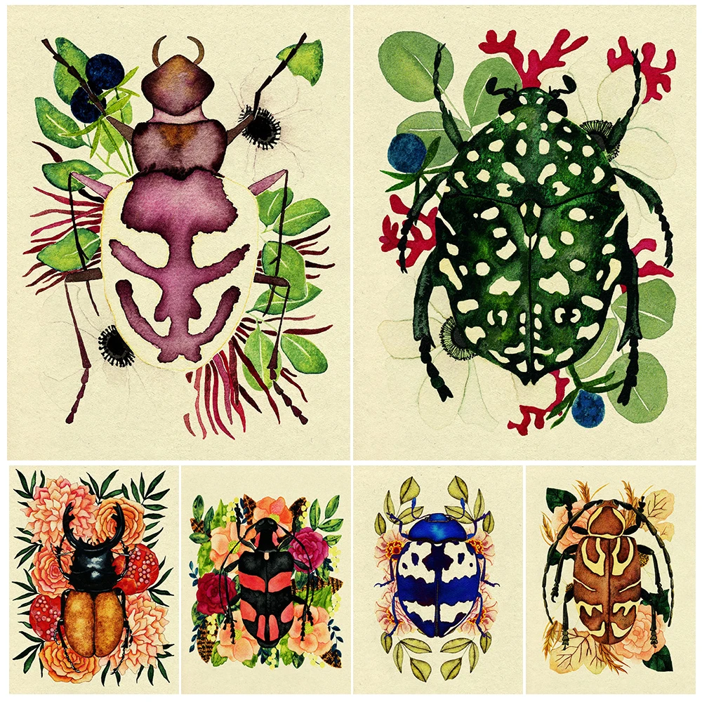 

Rhino Beetle,Blue Bug,Entomology Vintage Wall Art Canvas Painting Beetle And Ladybug Boho Art Poster Print Home Decor Unframed