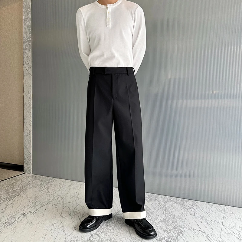 

Chic Men's Bla Wide Leg Suit Pants Korean Sle Cuffed Loose Straight Cut Trousers k Button Design Versatile Casual Jeans