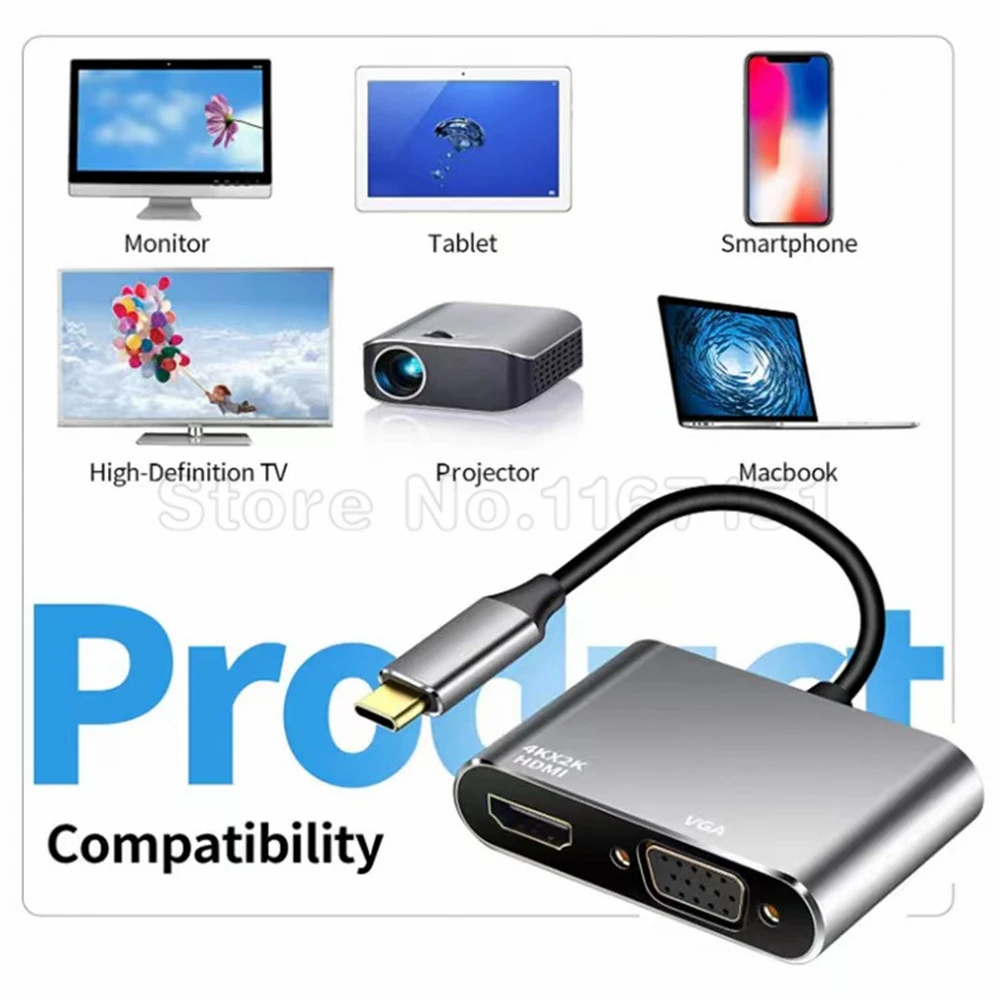 

Адаптер-концентратор USB C 4K Type C к HDMI-совместимому VGA USB3.0 для Samsung Galaxy S10/S9/S8 Huawei Mate 20/P30 Pro