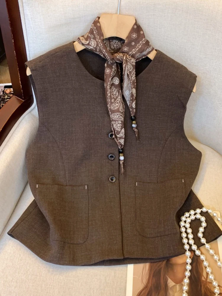 Ele Ne-Tie 실크 스카프 조끼 커피색 여성용 가을 겨울 패션 고급 스웨이드 조끼 탱크탑 황 치안에르