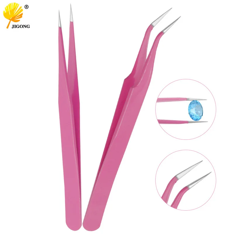 Pink Stainless Steel Tweezers, Precision Clamping Tool, Straight Tip Beauty Eyelash Nail Graft Clip