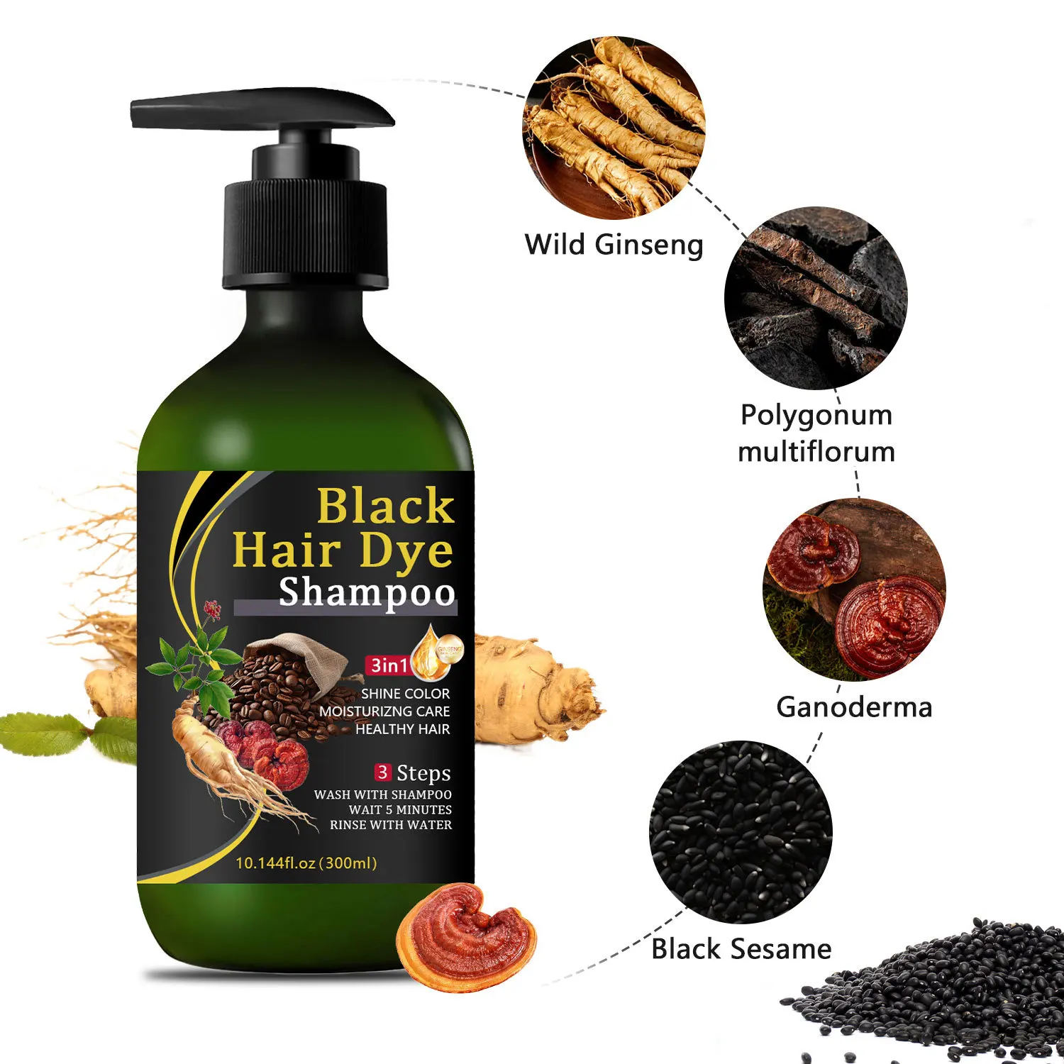 3-in-1 Black Hair Dye Shampoo- Semi-Permanent Color & Conditioner with Keratin & Herbal Extracts - Quick 20-Min Dye.