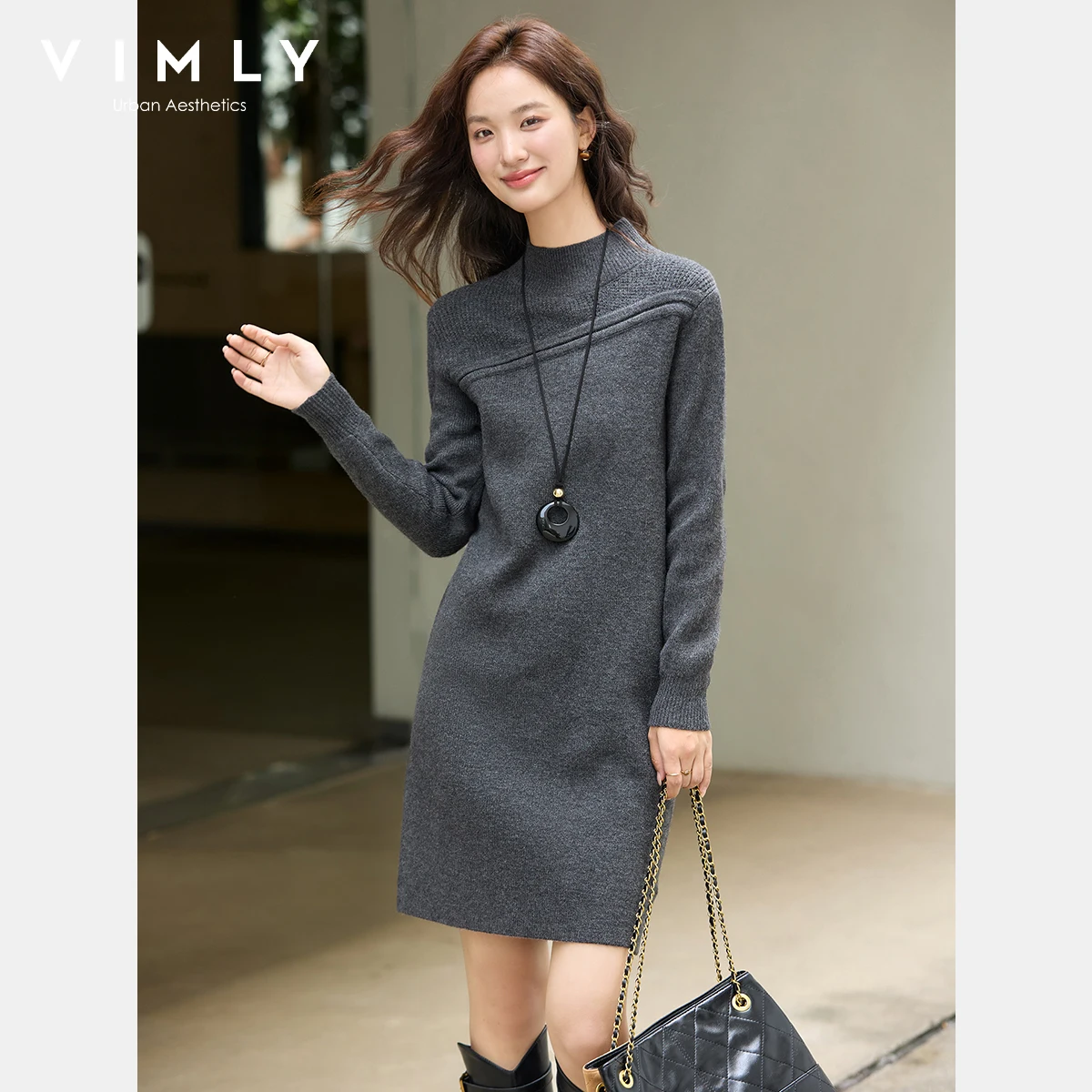 VIMLY Graue Kleider Frau Elegante 2025, Herbst Gestrickte Mock Neck Getäfelten Midi Dame Kleid Gerade Wolle Mischung Weibliche Kleider 75187