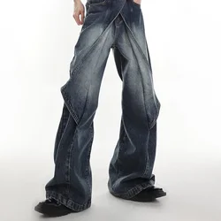 Calça casual de pernas largas masculina, jeans velho lavado para serviço pesado, design de recorte desconstruído, cor gradiente, verão, 2022