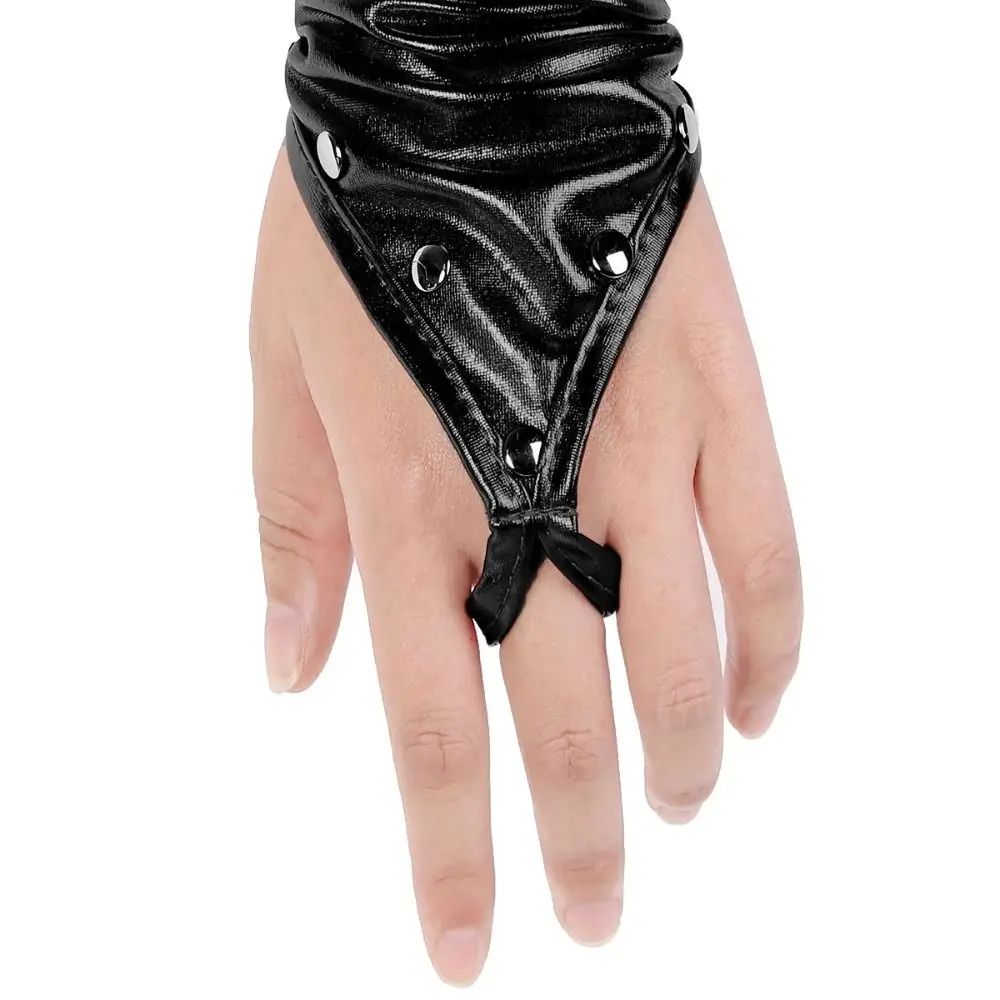 

Fingerless Design Women Latex Gloves Rivets Detail Long Metallic Gloves Stretchy Material Shiny Surface Wetlook Gloves