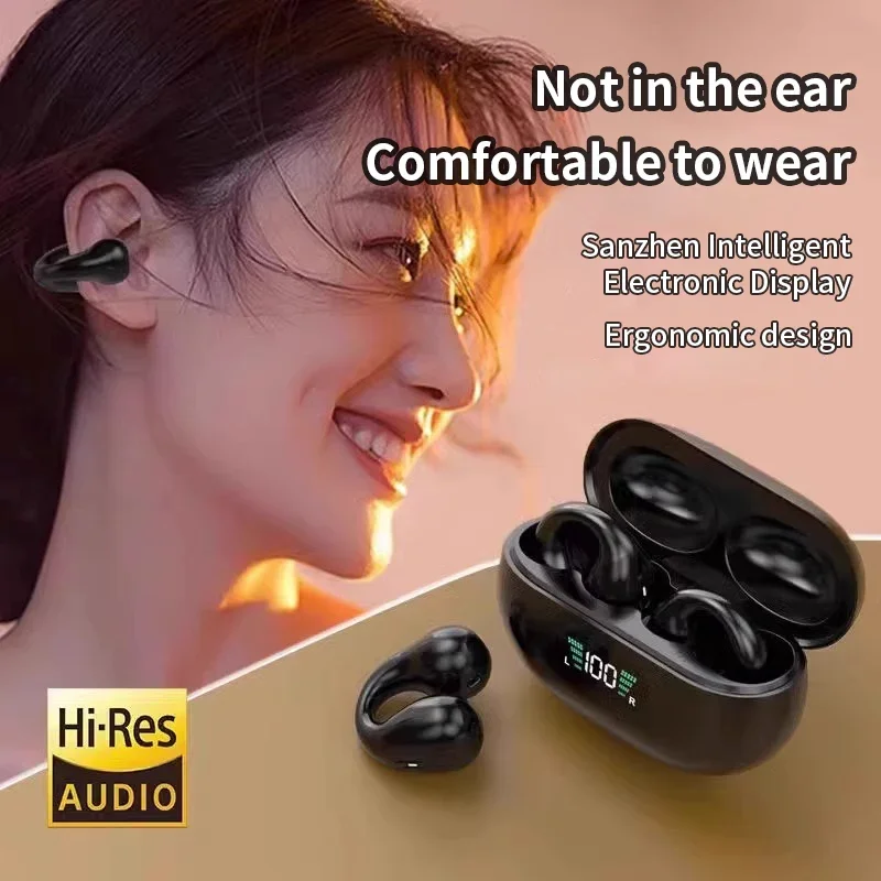 2024 New Wireless Headphones Clip Earphones Bluetooth Wireless Bone Conduction TWS Earbuds Clip on Ear Sport Headsets with Mic